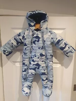 TU 3-6 Months Dinosaur Camo Fleece Fur Lined Pram Suit Snowsuit Blue Navy Free📮 • £5.99