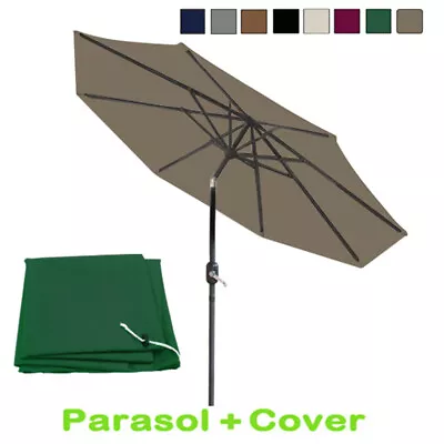 2.7M Round Garden Parasol Umbrella Patio Outdoor Sun Shade Crank Tilt Cover Base • £51.95