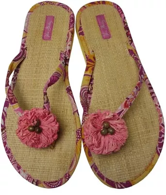 Vera Bradley Straw Flip Flops Medium 7/8 Bali Gold  Pink Flower Sandals • $13.49