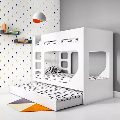 £409.92 • Buy Single Wooden Bunk Bed White Kids With Trundle Bed And Two Ladders Modern
