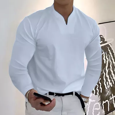 $17.09 • Buy Mens Long Sleeve V Neck Solid Color T Shirt Blouse Casual Loose Tops Tee S-5XL