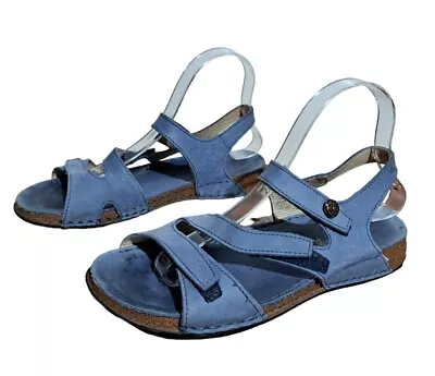 La Plume Adjustable Straps Sandals Blue Low Cork Wedge Slingback SZ EU 40 US 9.5 • $15.95