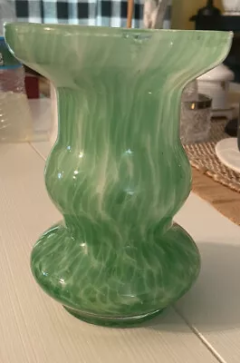 Vintage Murano Lavorazione Hand Blown Green And White Glass Splatter Vase • $15.50