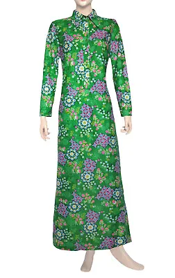 Vintage 1970s Green Psychedelic Floral Print Boho Hippy Maxi Dress Size UK 10 • £25