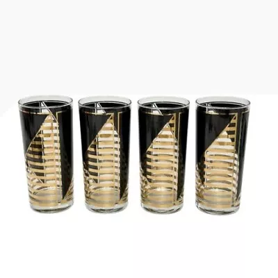 Set Of 4 Vintage Culver Ltd Highball Drinking Glasses Gold Black Striped MCM USA • $149.99