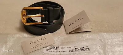 GUCCI Mens Black Leather  Belt With Gold Buckle Made In Italy Size 80-32. • $325