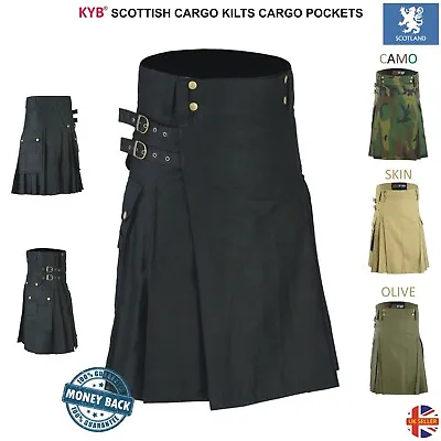 KYB® Mens Scottish Working Utility KILT Deluxe Long KILTS Cotton Cargo Pockets • £16.95