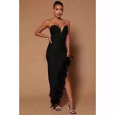 NovaLuxe Jacqueline Bandage Asymmetric Feather Lined Maxi Dress Black Medium • $60