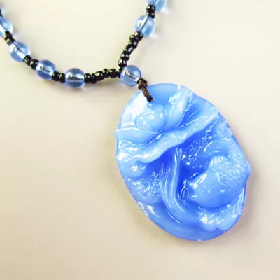 48x34x12mm Carved Man-made Blue Jade Lotus Flower Fish Necklace 17.5 Inch • $9.12