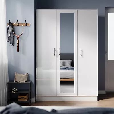 High Gloss 3 Door Triple White Mirrored Wardrobe With Hanging Rail & Shelves • £240.98