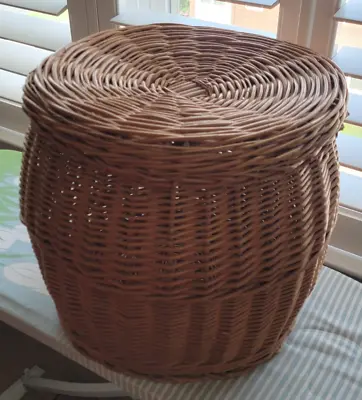 Vintage Wicker Rattan Blanket Storage Laundry Basket With Lid HUGE 16  Tall X 16 • $89.99