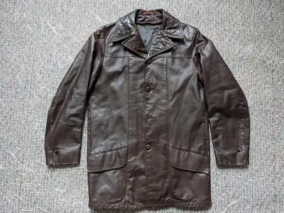 Vintage 1970s Leather CAR COAT Brown 40-42 Fight Club M Funky Leisure Disco • $29.95