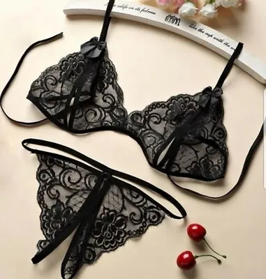 £9.99 • Buy Black Lace Underwear Open Nipple Bra Crotchless Panty Sexy Lingerie Porn 8 10 