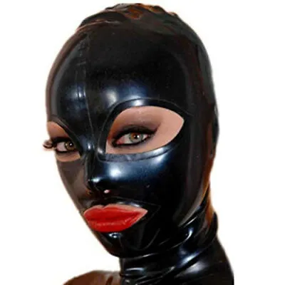 Black Latex Hood Back Zipper Open Eyes Mouth Beautiful Girl Rubber Mask Cosplay • $33.24