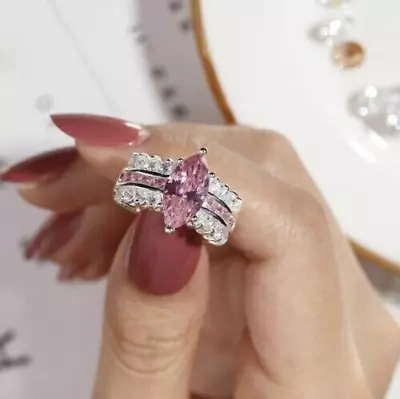 14k White Gold Plated 2Ct Marquise Cut Pink Sapphire Diamond Lab-Created Ring • $93.74