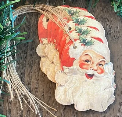 $2.50 • Buy 8 Primitive Jolly Santa Face Die Cut Hang Gift Tags Farmhouse Christmas