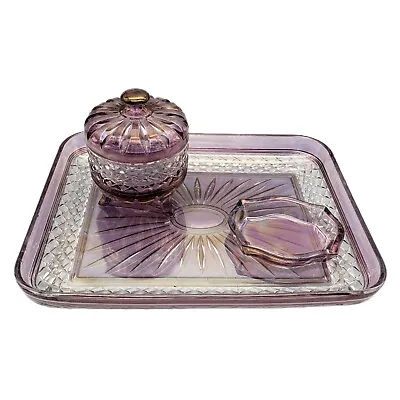 Vintage Iridescent Purple Glass Vanity Dresser Set Diamond Cuts & Sunburst Lines • $60
