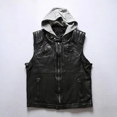 New Men's Motorcycle Biker Black Leather Vest With Detachable Hood • $89.99