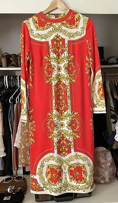 Vintage Dress Mr Dino 60s/70s Red Gold Baroque Crest Print Glam Versace Pucci • $285