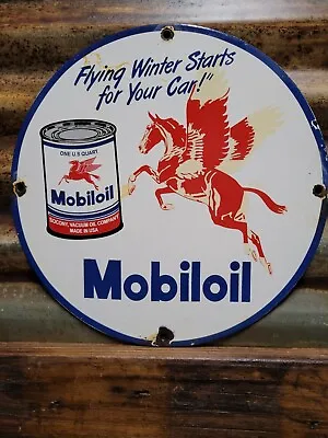 Vintage Mobil Porcelain Sign Old Gas Pump Plate Oil Can Service Station Pegasus • $181.28