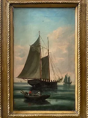 🔥 Antique Old 19th C. Nautical Ship Seascape American Folk Art Oil Painting • $975