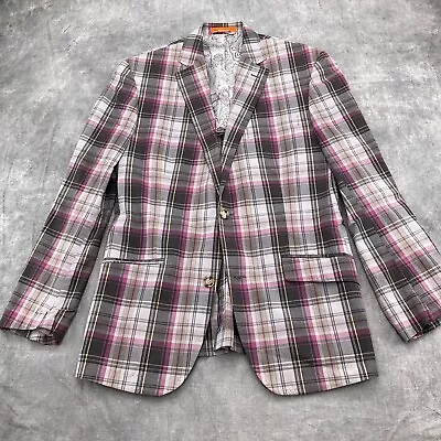 Tallia Blazer Men 38R Pink Gray Madras Plaid Cotton Sport Coat Preppy Jacket • $44.97