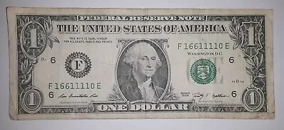 TRINARY (16611110) FLIPPER 5-OF-A-KIND 2009 $1 Dollar Bill Fancy Serial Number  • $3.50