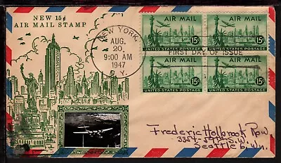 UNITED STATES 1947 AIRMAIL STAMP BLOCK 4 X 15c First Day Issue ILLUSTRATED COVER • $21.90