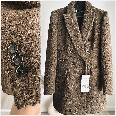 Zara Long Boucle Double Breasted Blazer Wool Blend Khaki Green Nwt M L • $99