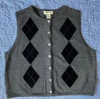 Women's Eddie Bauer Vintage Merino Wool Vest-Gray-L-Velvet Argyle-EUC • $14.99