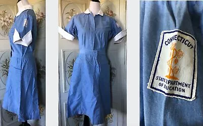 VTG 50s SCHOOL NURSE UNIFORM DRESS 100% COTTON BLUE WHITE CT STATE DEPT ED GUC • $67.94