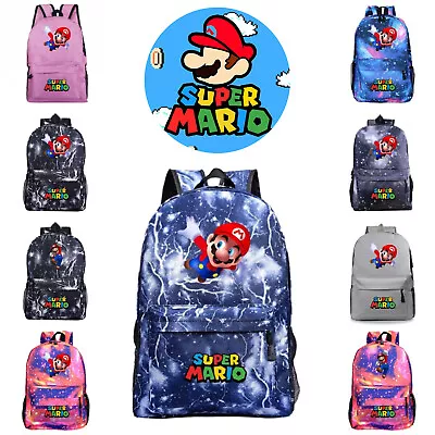 Boys Girl Super Mario Backpack School Bag Casual Bookbag Travel Rucksack Gifts • £10.52