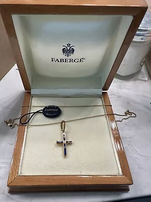 Faberge Victor Mayer 18K Gold Blue Enamel Cross Necklace • $1999