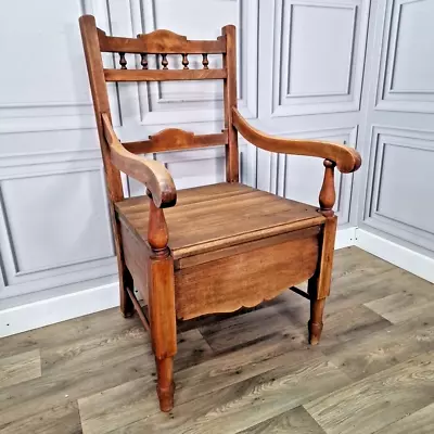 Antique Vintage Solid Wooden Oak Turned Hall Throne Chair Seat - Victorian • £189.99