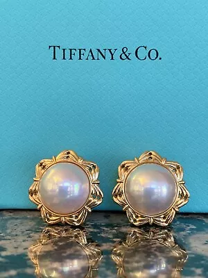 Tiffany & Co 18K Mabe Pearl Star Earrings 22mm 20 Grams Omega W/ Posts Numbered • $3900