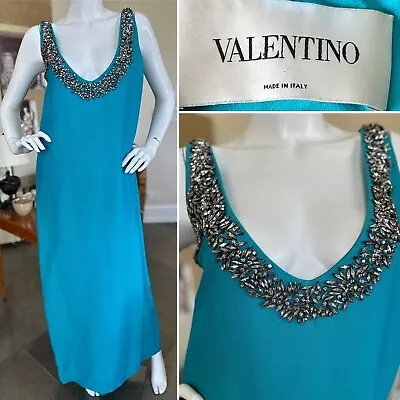 Valentino Vintage 80's Sleeveless Turquoise Blue Jewel Embellished Evening Dress • $999