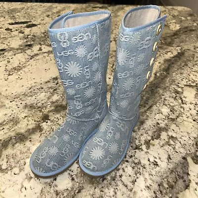 Ugg Boots Light Blue Denim Jacquard Logo Button Size USA 6 NWOB • $45.95