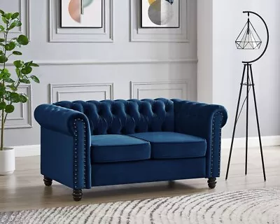 Chesterfield 2 Seater Blue Velvet Fabric Modern Design Couch Sofa Upholstered • £229.99