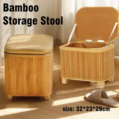 Ottoman Storage Footstool Bamboo Stool Box PU Faux Leather Seat Bench With Legs • $52.60