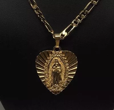 Cadena 26  De Oro Laminado Cn Corazon De Virgen De Guadalupe Y Piedras Blancas • $16.99