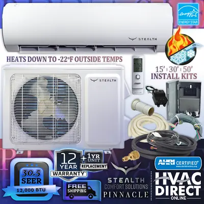 12000 BTU 30.5 SEER Stealth Pinnacle Single Zone Wall Mount Mini Split System • $1852.50