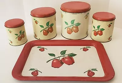 Vintage 1950's Decoware Red Apple Metal Tin Storage Canisters And Serving Tray • $49.99