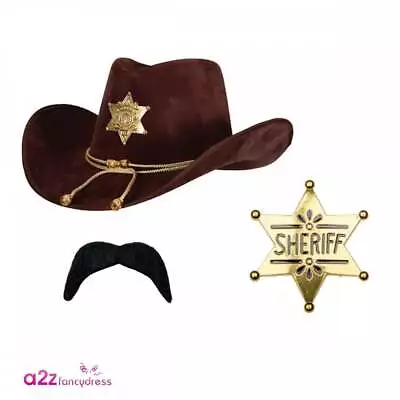 Deluxe Sheriff Hat + Sheriff Badge + Cowboy Tash Wild West Adult Fancy Dress • £16.99