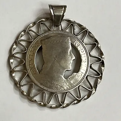 1931 Sterling Silver  Republic Of Latvia 5 Lati Hand Cut Coin Pendant With Bezel • $55