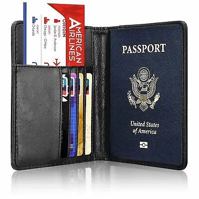 Leather Passport Vaccine Card Passport Holder Travel Wallet Blocking Case Cover • £6.53