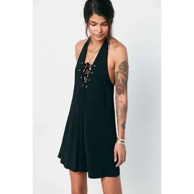 Urban Outfitters Ecote Women's Black Halter Lace Up Grunge Y2K Dress Size Medium • $19.99