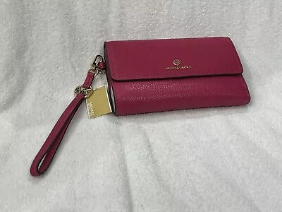 Michael Kors Jet Set Charm Large Flap Wristlet Wallet Rubin Red Bright Pink New • $69