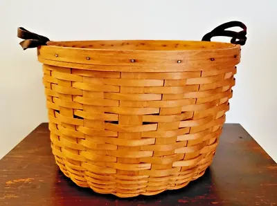 Vintage 1992 Longaberger Large Bushel Basket  Leather Handles - 13.5” X 13.5  • $31.47