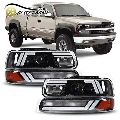 LED DRL Headlights For 1999-2002 Chevy Silverado / 00-06 Tahoe Black Clear Lens • $194.99