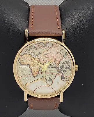 Unisex Classic Round Gold Tone Case World Map Dial Brown Leather Strap Watch J8 • $11.99